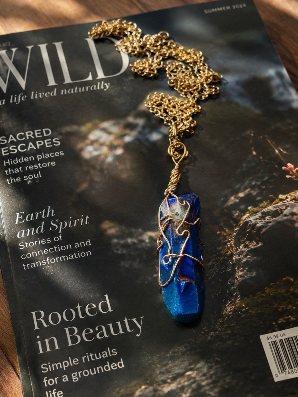 Artisan Gold-Wrapped Deep Blue Crystal Pendant Necklace